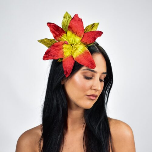 beautiful red velvet lily on a rose gold headband for the races