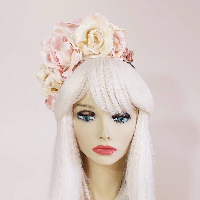 beautiful pink and cream velvet roses on a headband for the races