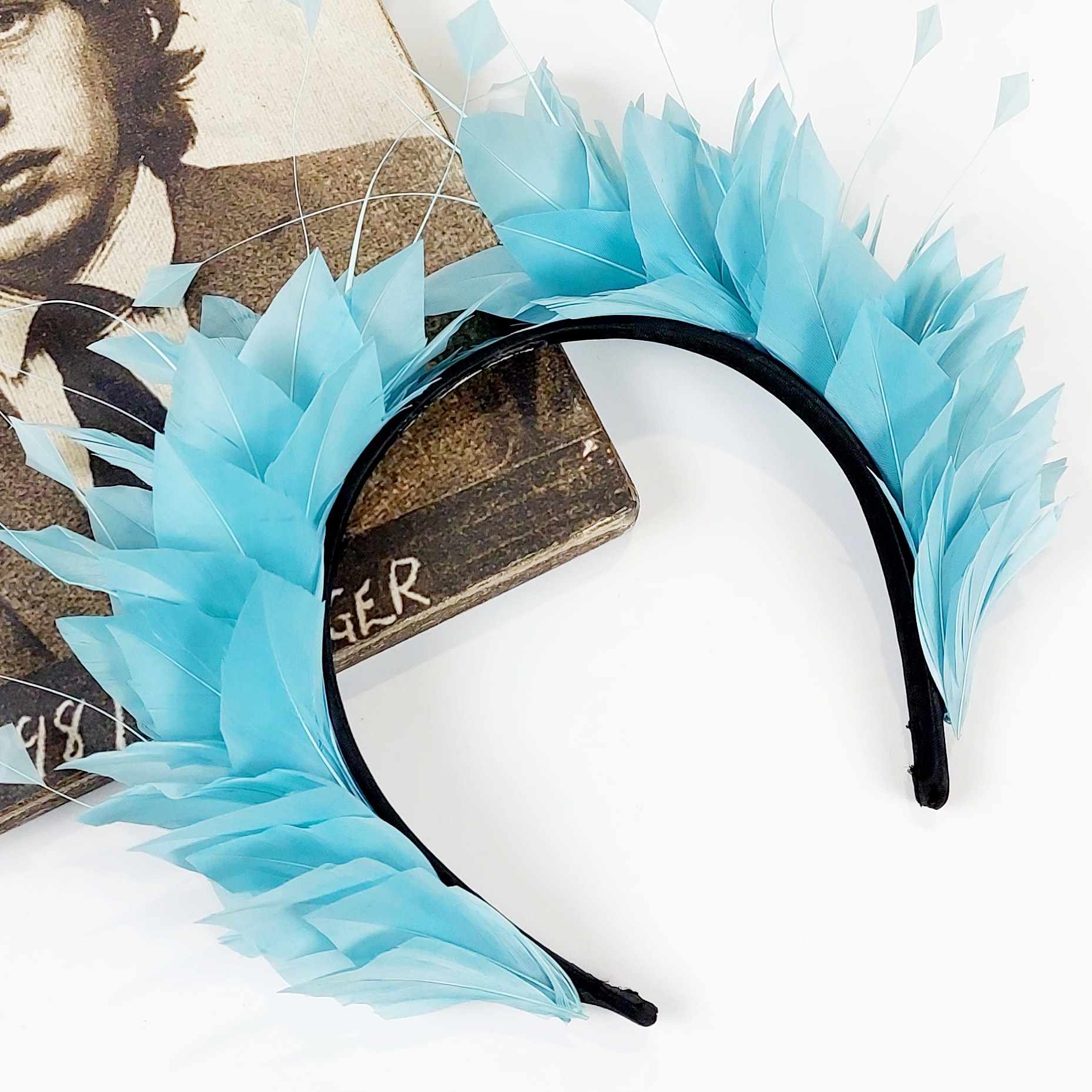blue feather fascinator crown for the races