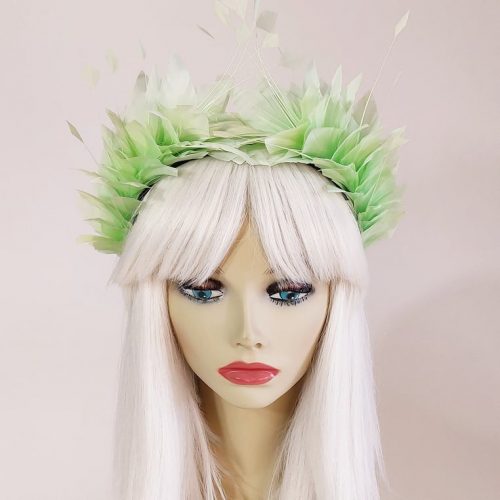 a soft pretty mint green feather fascinator crown for the races