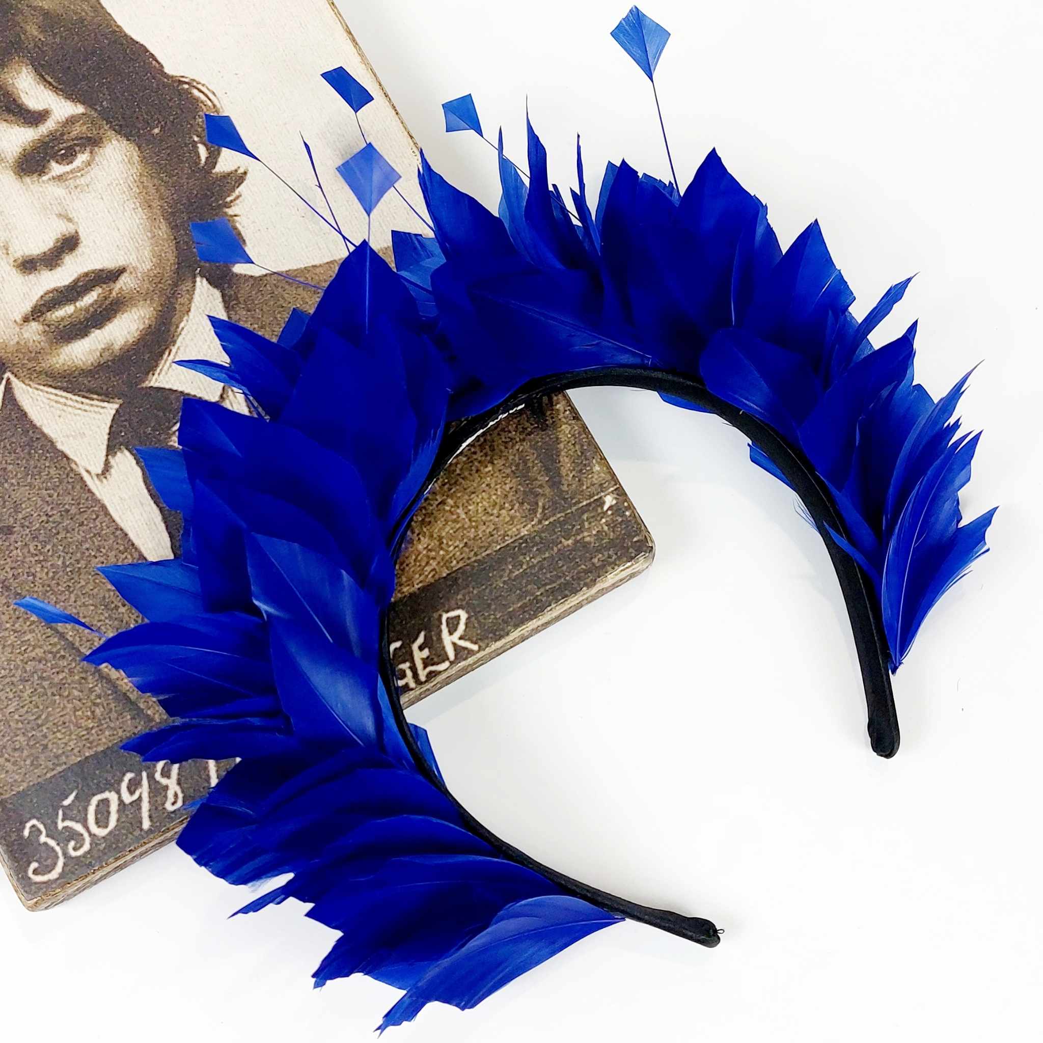 royal blue feather fascinator crown