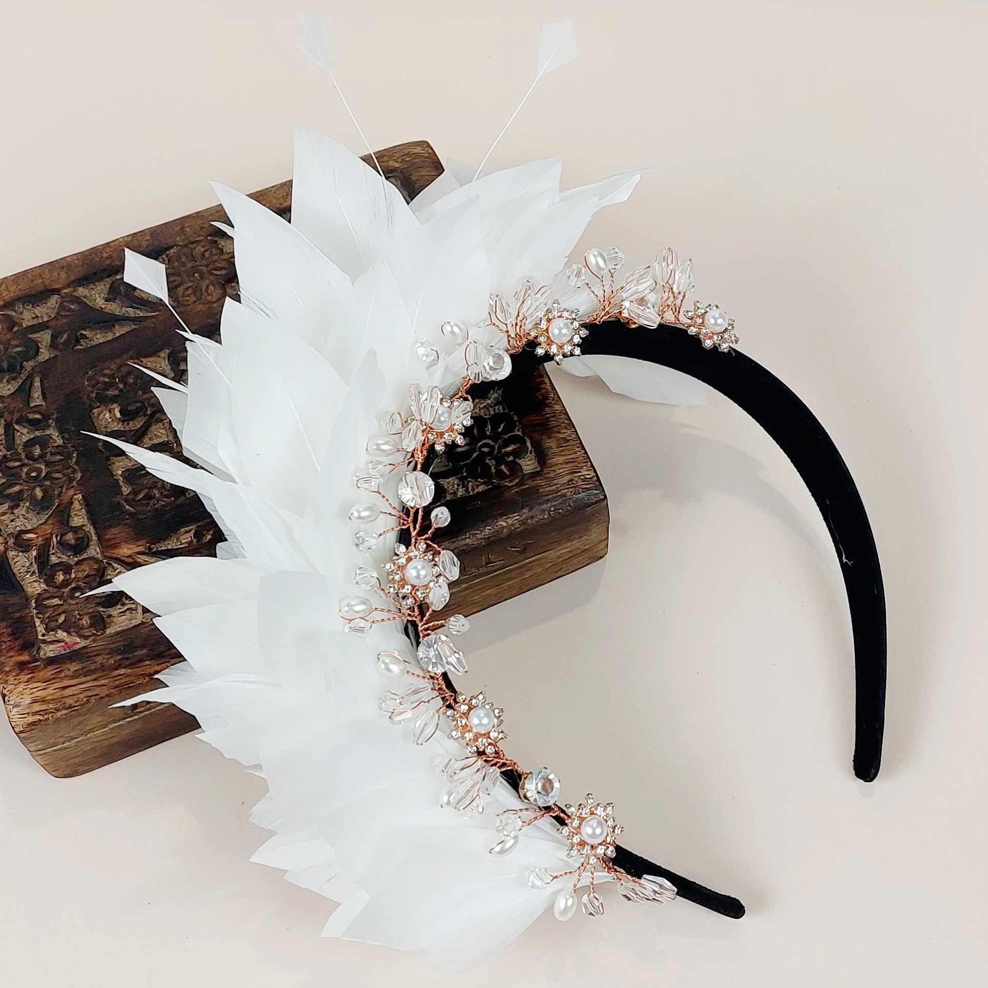 ivory feather fascinator jewelled crown for the races and weddings