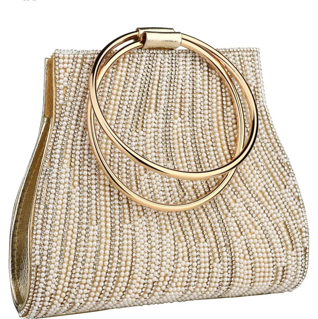 stunning gold pearl diamante evening handbag with gold ring handles