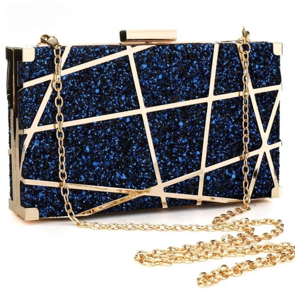stunning clutch in navy blue glitter and gold metal lattice hardware