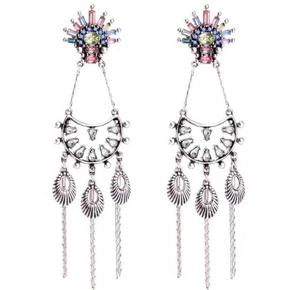 multi crystal and silver dangle earrings