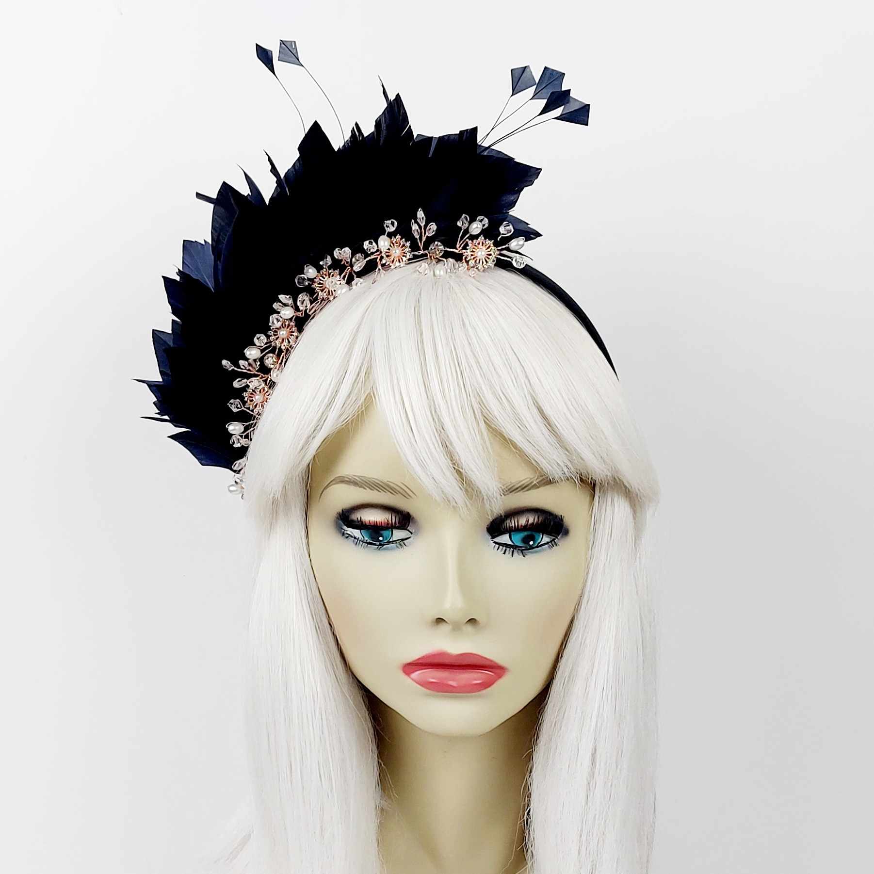 navy blue feather fascinator for the races