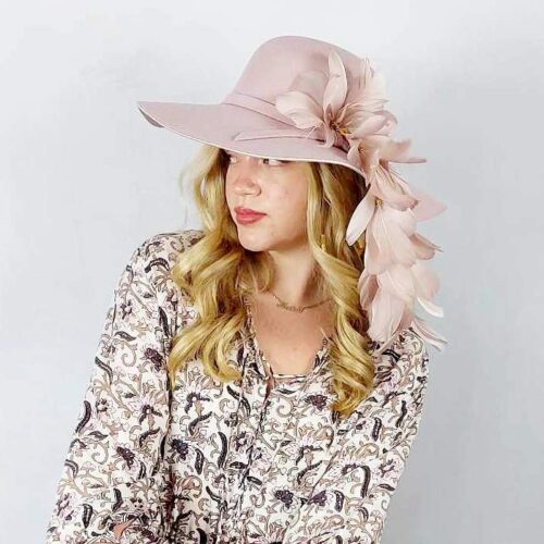 dusty pink feather and felt floppy vintage hat by divalicious for races and festivals