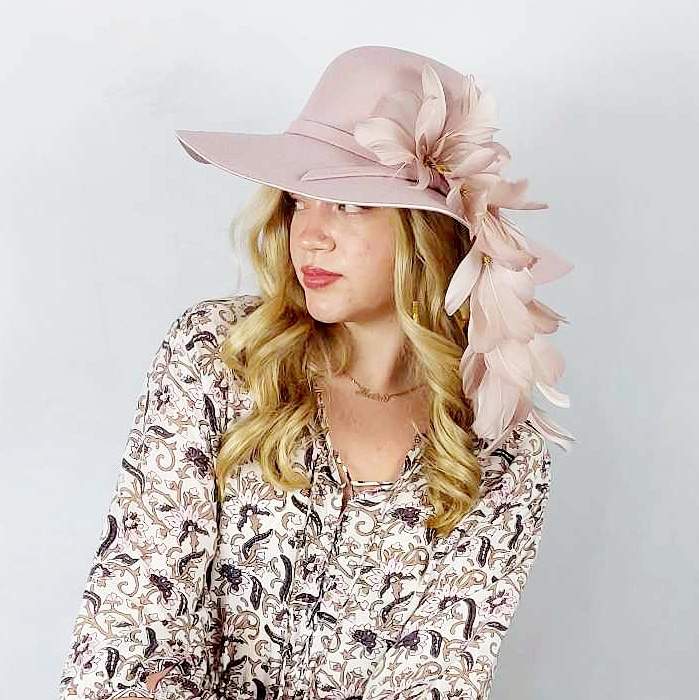 dusty pink feather and felt floppy vintage hat by divalicious for races and festivals