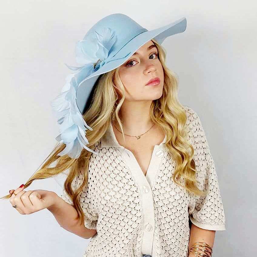 blue feather and felt vintage floppy hat for races