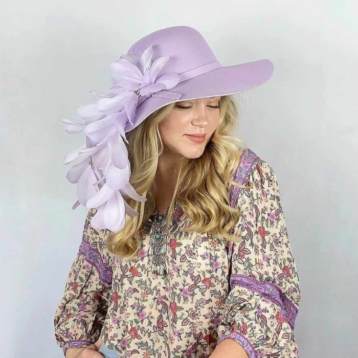 lilac purple feather and felt floppy vintage style hat