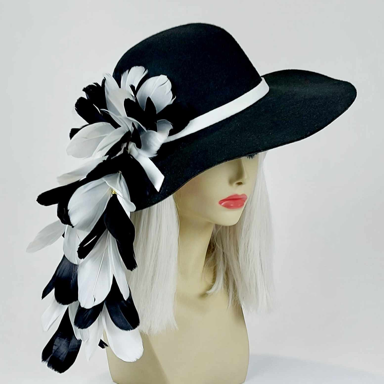 black and white vintage boho floppy hat for the races and festivals